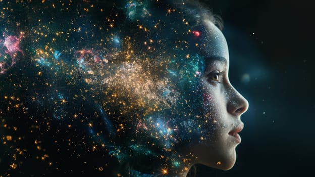 Portrait of a girl with a cosmos of stars and galaxy blending into space surrounding her face