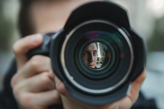 Photographer capturing portrait through camera lens with focus and zoom for a detailed professional shot