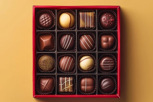 Delicious gourmet assorted chocolates in an elegant box of bonbons, tasty and beautifully decorated.