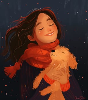 Girl hugging a dog with a red scarf at night during winter, conveying warmth, joy, and smiles