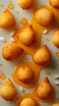 Delicious golden savory fried snack bites with syrup, crispy and appetizing food for gourmet lovers
