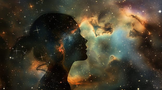 Silhouette of a profile against galaxy nebula with stars, space, universe, and cosmos background