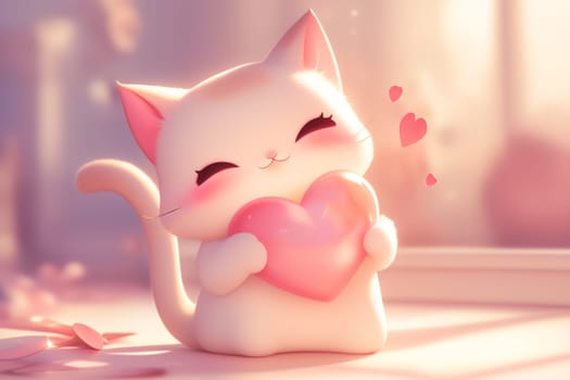 Cute kitten holding heart with cartoon pink background; adorable and smiling chibi for valentine's day