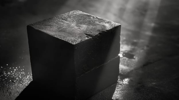 Abstract monochromatic concrete cube in darkness with shadow and solid minimalism perspective