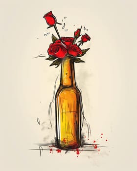 Illustration of red roses in a bottle with decorative design and petals showcasing creative art