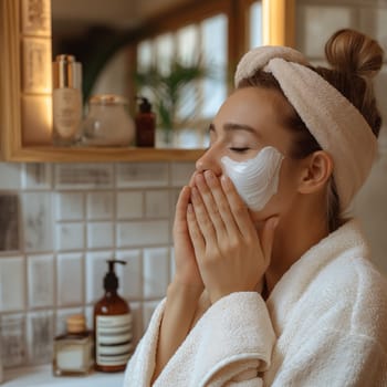 Woman following a skincare routine with moisturizing cream in the bathroom for selfcare and relaxation