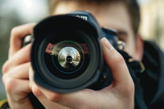 Photographer holding camera with lens showing reflection and focus on portrait in viewfinder