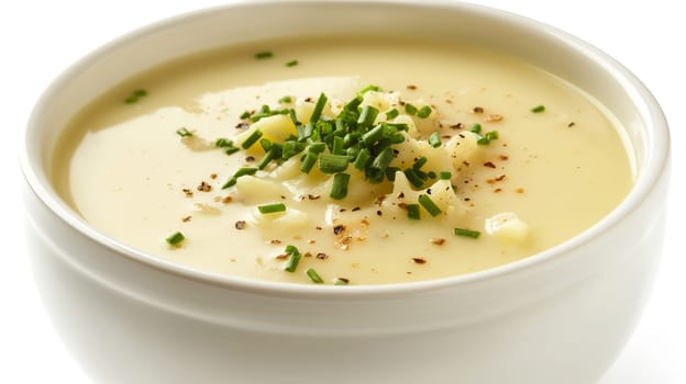 Delicious creamy potato soup with chives in a white bowl, garnished with pepper, perfect comfort meal