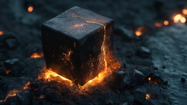 Molten lava cube glow with volcanic fire and burning rock heat, crack, and ash around.
