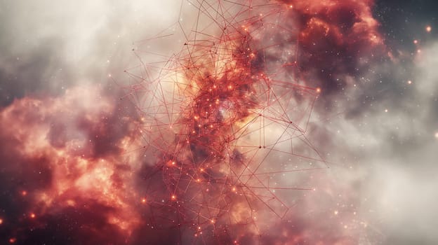 A stunning abstract image of a red glowing nebula in space with stars and clouds in the cosmos