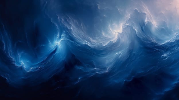Dramatic swirling blue ocean storm with dark waves and turbulent sea under cloudy sky
