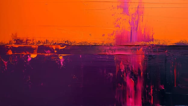 Abstract colorful painting with vivid orange and purple, modern art on textured canvas.