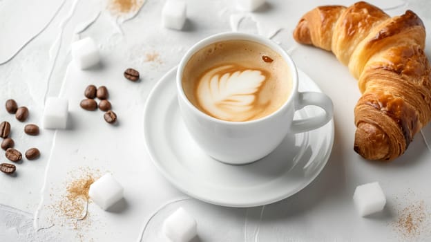 Delicious cappuccino and croissant on a breakfast table with coffee beans and sugar