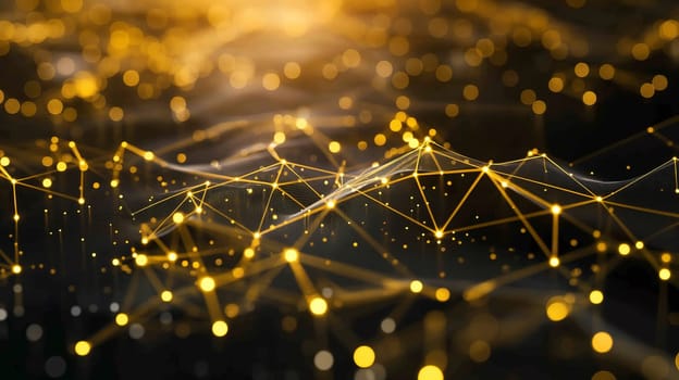Abstract digital network with golden polygon connection nodes and glowing pattern of lights