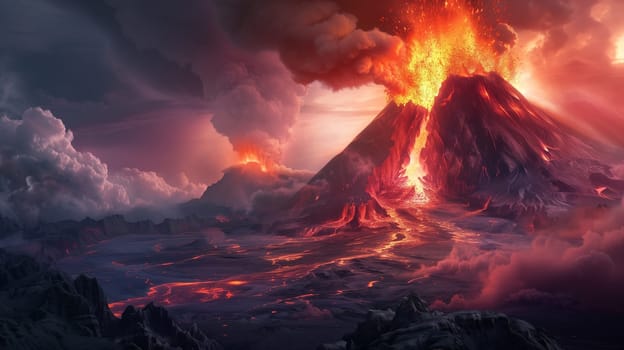 A dramatic volcanic eruption with lava, ash, and smoke creating a fiery landscape