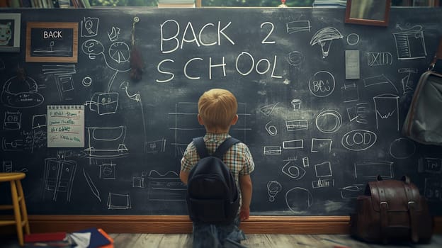 Back to school young student learning education classroom blackboard backpack child September teacher