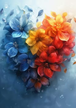 Beautiful heart-shaped arrangement of blue, red, and yellow flowers with vibrant petals on colorful background