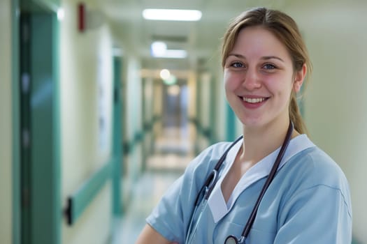 Smiling nurse in a hospital hallway wearing a stethoscope and uniform, emphasizing healthcare and care