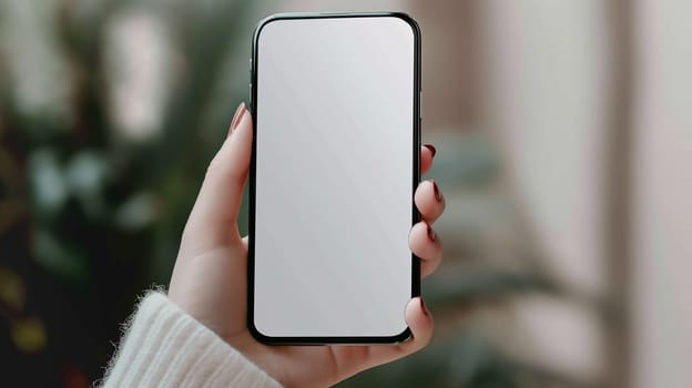 Hand holding blank screen smartphone phone with modern mobile device for technology and communication