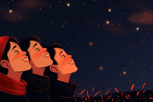 Children gazing at twinkling stars in the dark night sky with happy smiles and red scarves