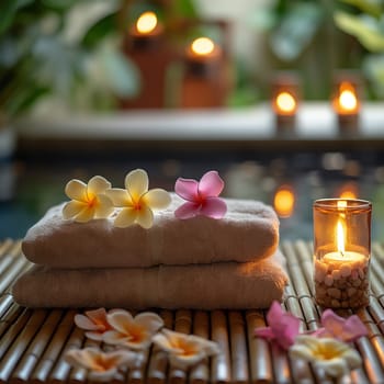Spa relaxation with wellness tranquility, candles, flowers, and massage for aromatherapy serenity