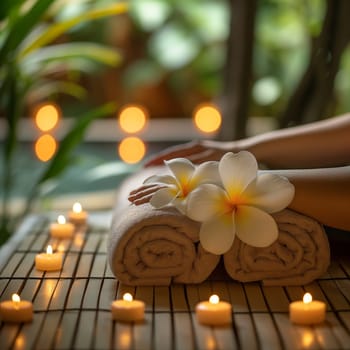 Spa relaxation massage with candles, flowers, wellness, luxury, and hands wrapped in tranquility on towels