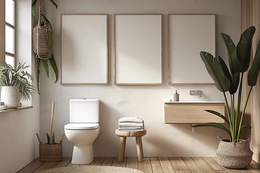 Modern minimalist bathroom interior design with plants, toilet, wood decor, and art frames