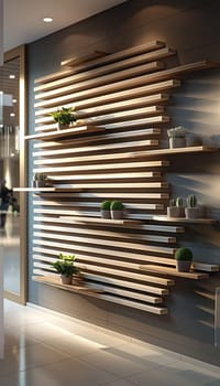 Modern wooden shelves with plants in a beautiful interior design and geometric minimalist decor