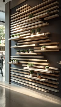 Modern interior design with wooden shelves and potted plants on a minimalist wall for stylish decor