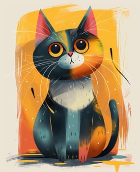 Cute cat illustration with colorful whiskers in digital artwork featuring a cute kitten