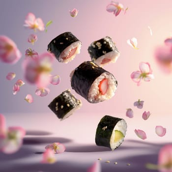 Floating sushi rolls with nori and delicate floral petals creating a vibrant and artistic display