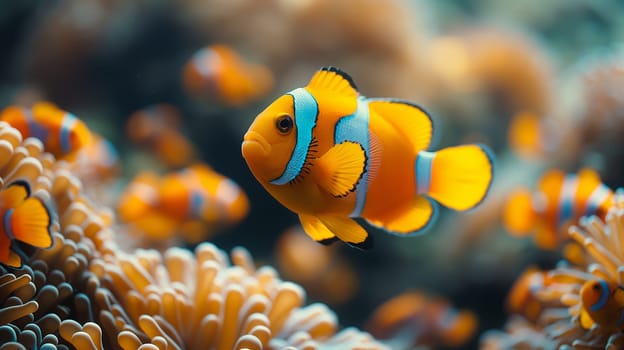 Colorful clownfish swimming in vibrant anemone reef underwater marine habitat
