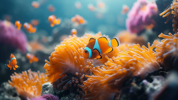 Colorful clownfish swimming among vibrant anemone and coral in an underwater marine ecosystem