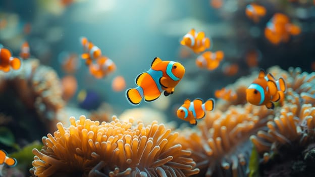 Clownfish swimming among colorful anemone and vibrant corals in their underwater marine habitat