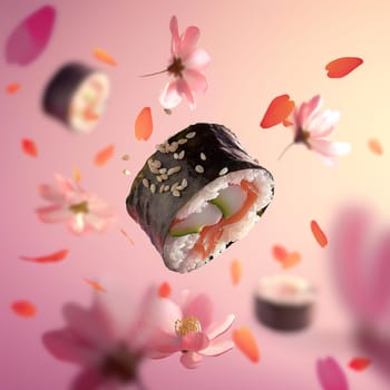 Sushi roll floating amidst delicate pink flowers and petals in a springtime Japanese setting
