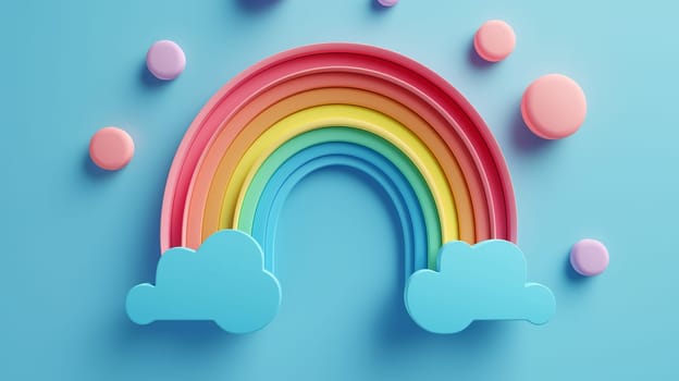 Bright and cheerful pastel rainbow and clouds against a blue sky with creative and vibrant colors