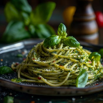 Delicious gourmet spaghetti dish with fresh basil and Italian herbs on a green plate