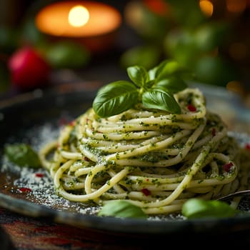 Delicious plate of spaghetti with basil and sauce for a gourmet Italian dinner