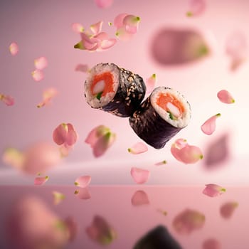 Delicious sushi rolls with salmon and seafood amidst pink petals and flowers background