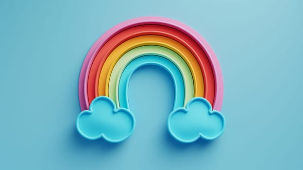 Cartoon rainbow with colorful clouds on a blue sky in a vibrant and bright art illustration
