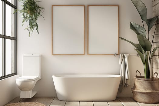 Modern bathroom with bathtub, toilet, plants, mirrors, and towels showcasing stylish decor and interior