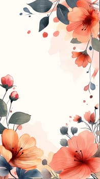 Vibrant floral illustration with hibiscus blossoms forming a botanical frame with leaves and petals