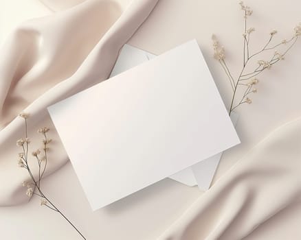 Elegant blank white card on beige background with delicate floral design for minimal invitation