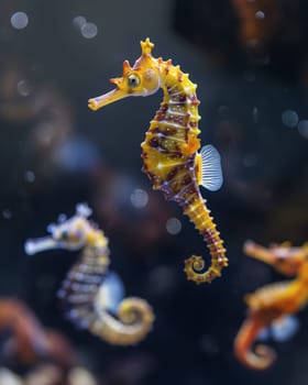 Colorful seahorse swimming in an underwater marine ocean, showcasing vibrant aquatic wildlife.