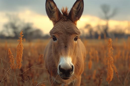 A donkey in a field at sunset showcasing its ears, eyes, and fur in a natural outdoor setting
