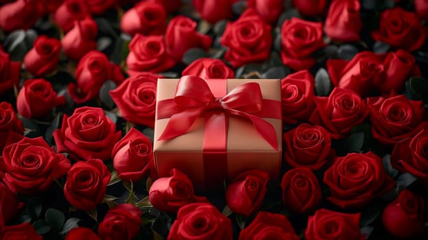 Red roses and gift box with ribbon for a romantic and special celebration