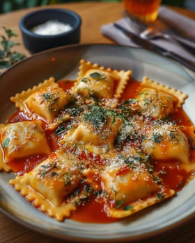 Ravioli pasta dish with tomato sauce, cheese, and herbs on a plate, a delicious Italian meal
