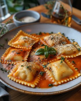 Ravioli pasta with tomato sauce and parmesan cheese for a delicious Italian cuisine dinner