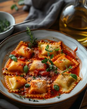 Delicious ravioli pasta in tomato sauce with herbs and cheese for an Italian gourmet dinner