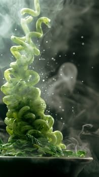 Healthy green noodles garnished with vegetables, steaming hot in a delicious culinary dish